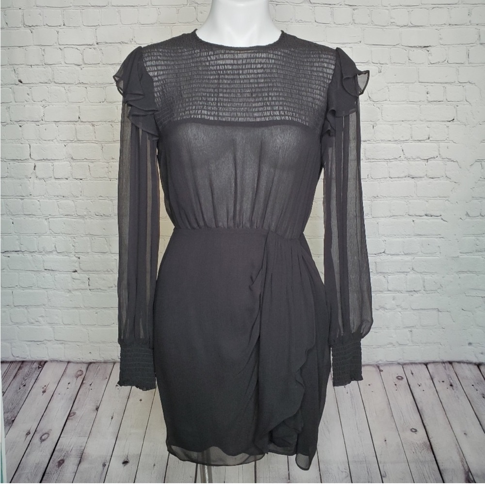 The Kooples Paris Black Sheer Crinkle Wrap Dress with Ruffles Size 2